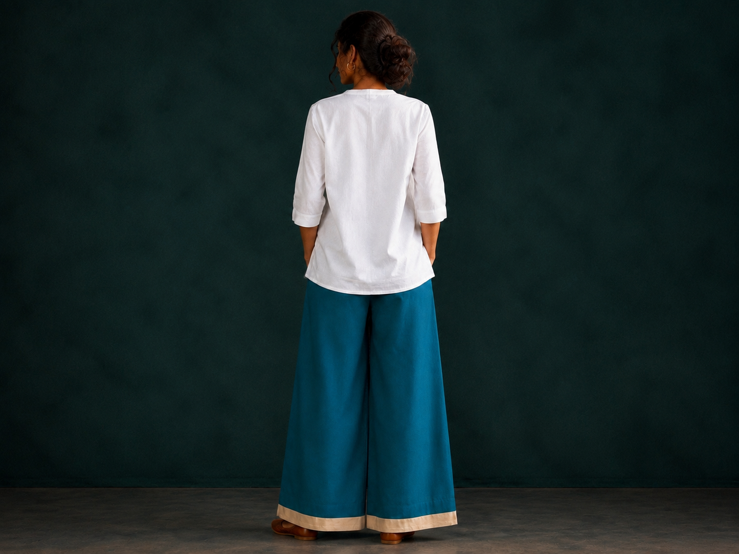 Women’s Teal Blue Hand-Painted Floral Wide Leg Palazzo Pants