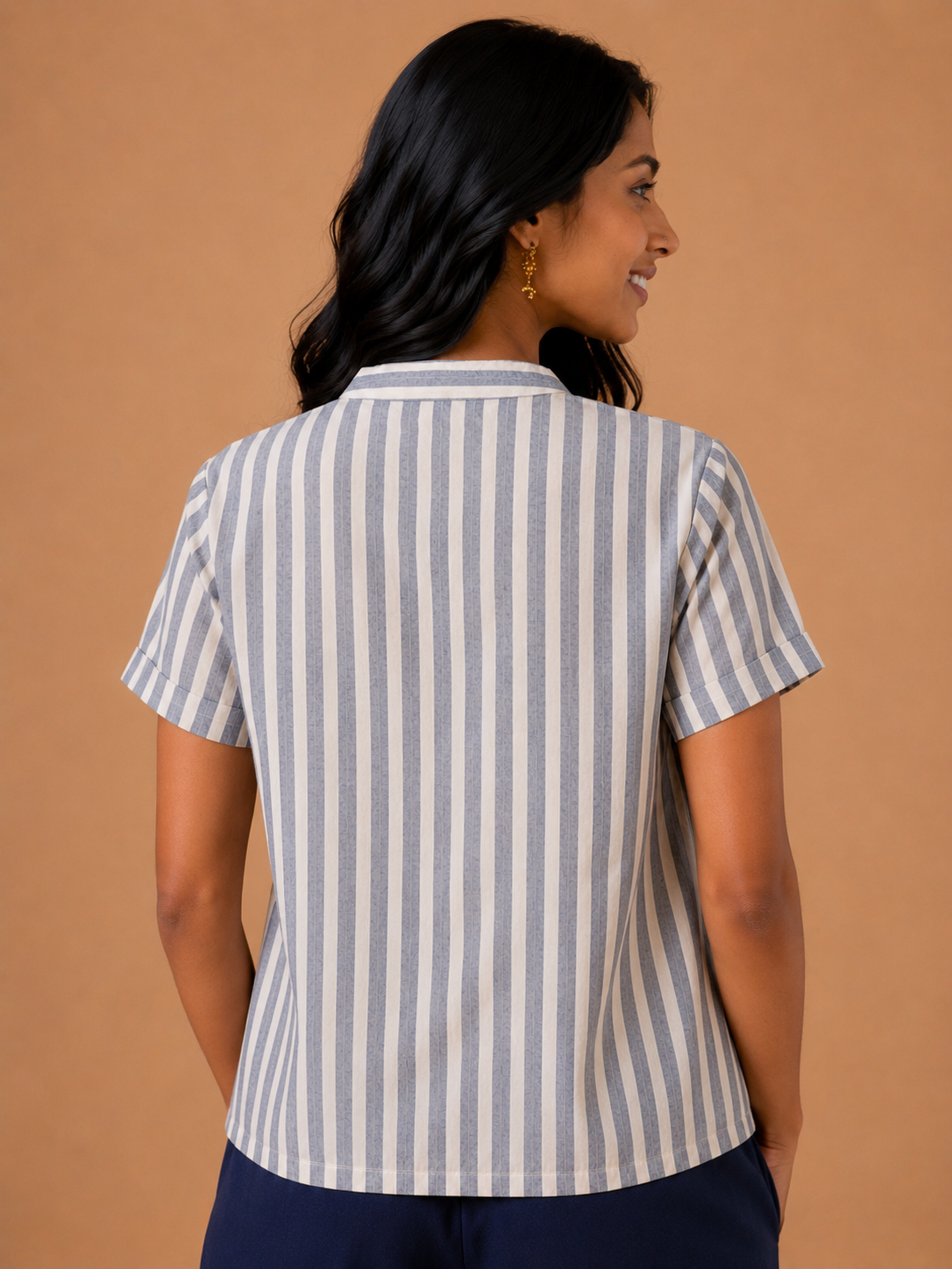 Navy Blue Stripes Chinese collar kimono top