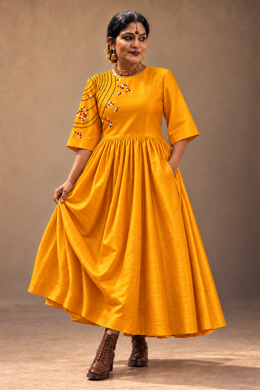 Yellow silk embroidery Dress with boxy sleeves