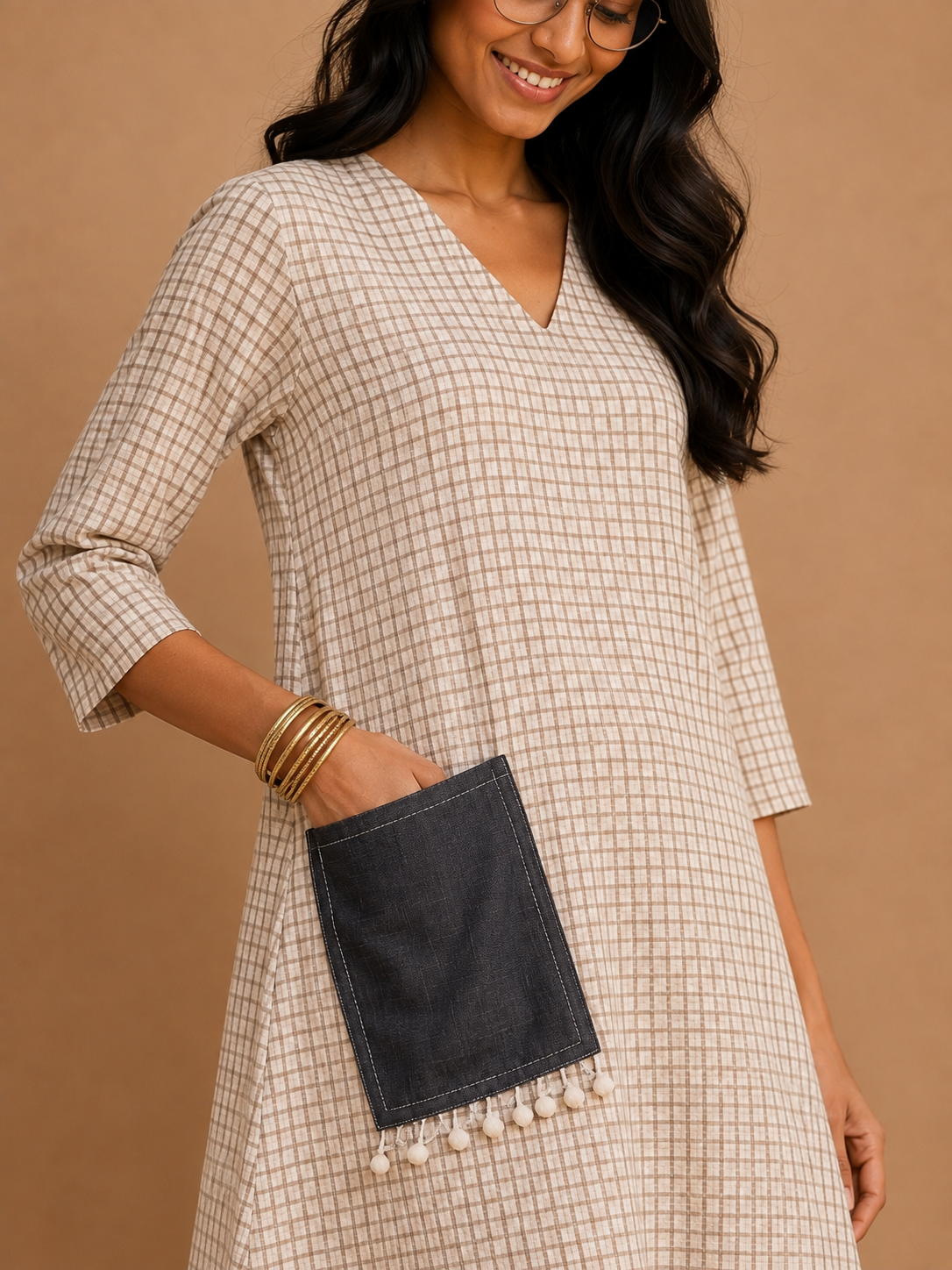White Checks A-Line Dress with denim pocket.