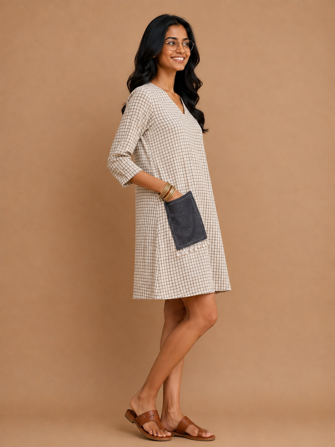 White Checks A-Line Dress with denim pocket.