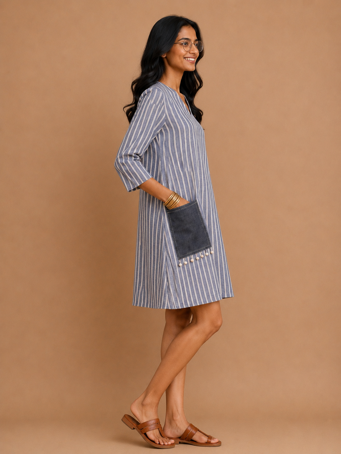 Navy Blue Stripes A-Line Dress with denim pocket.