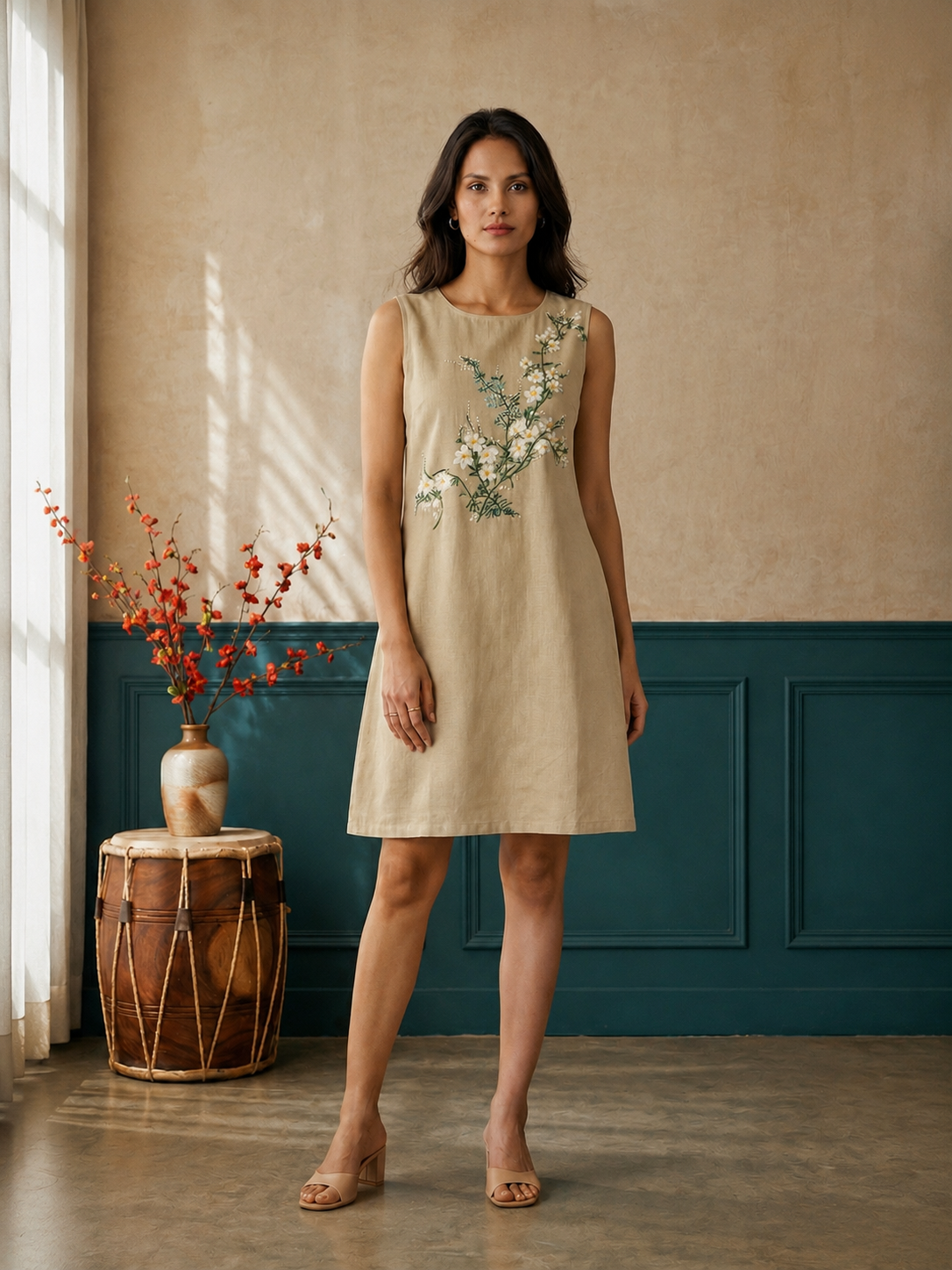 Beige Sleeveless A-Line Dress