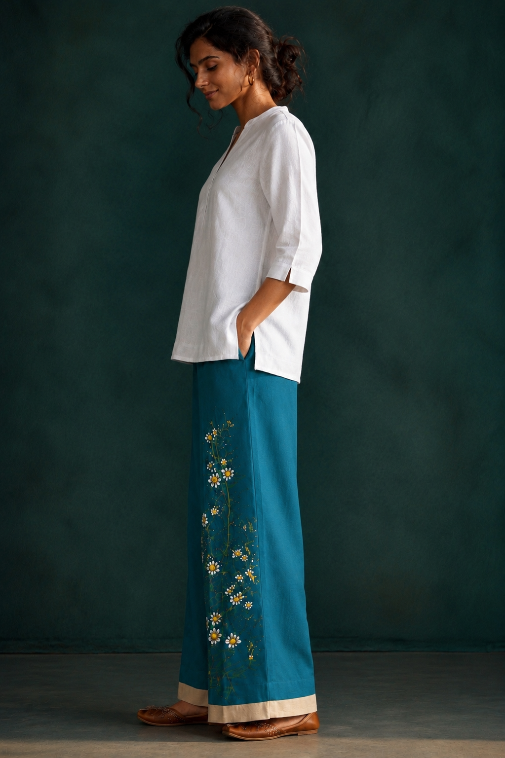 Women’s Teal Blue Hand-Painted Floral Wide Leg Palazzo Pants