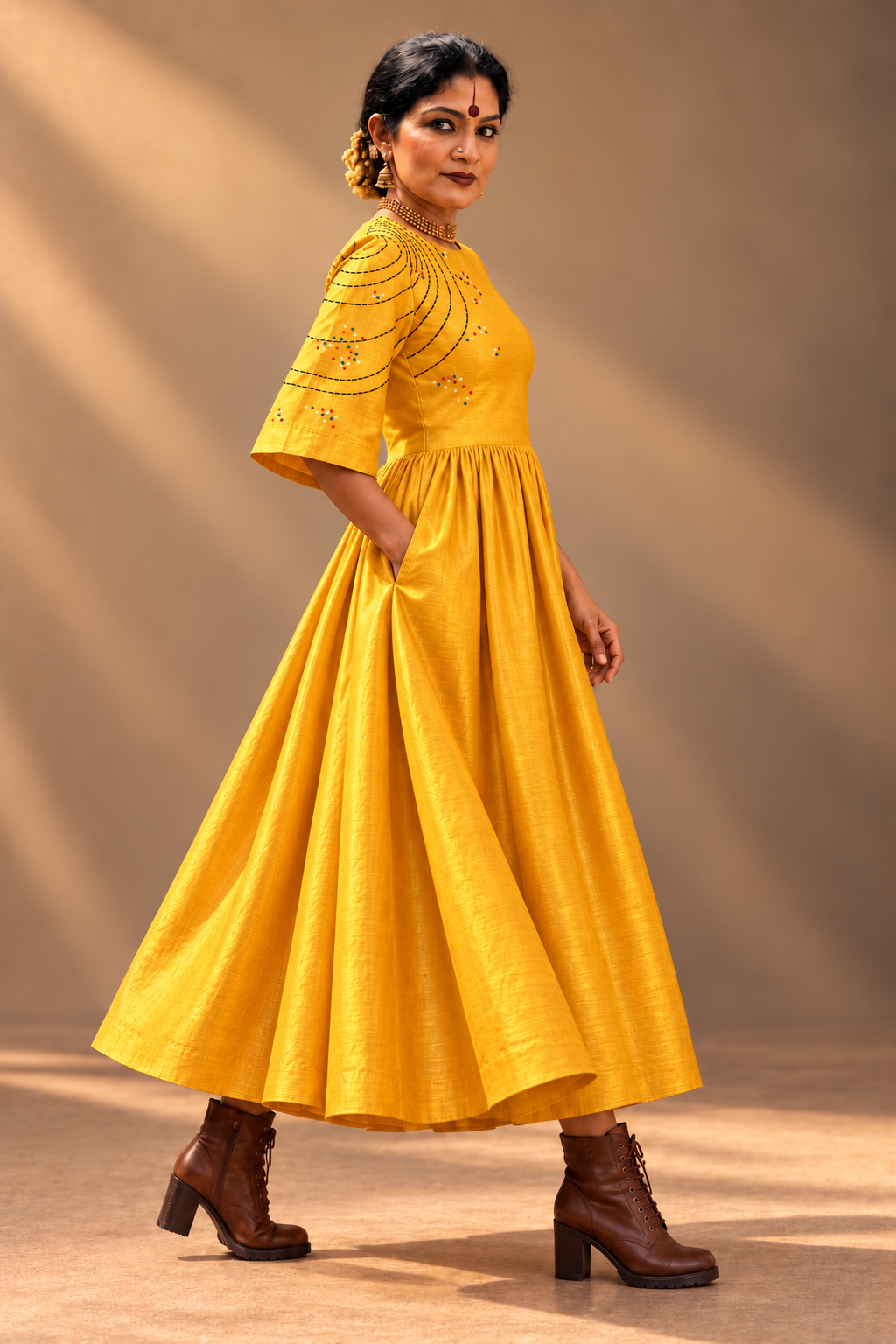 Yellow silk Dress with boxy sleeves