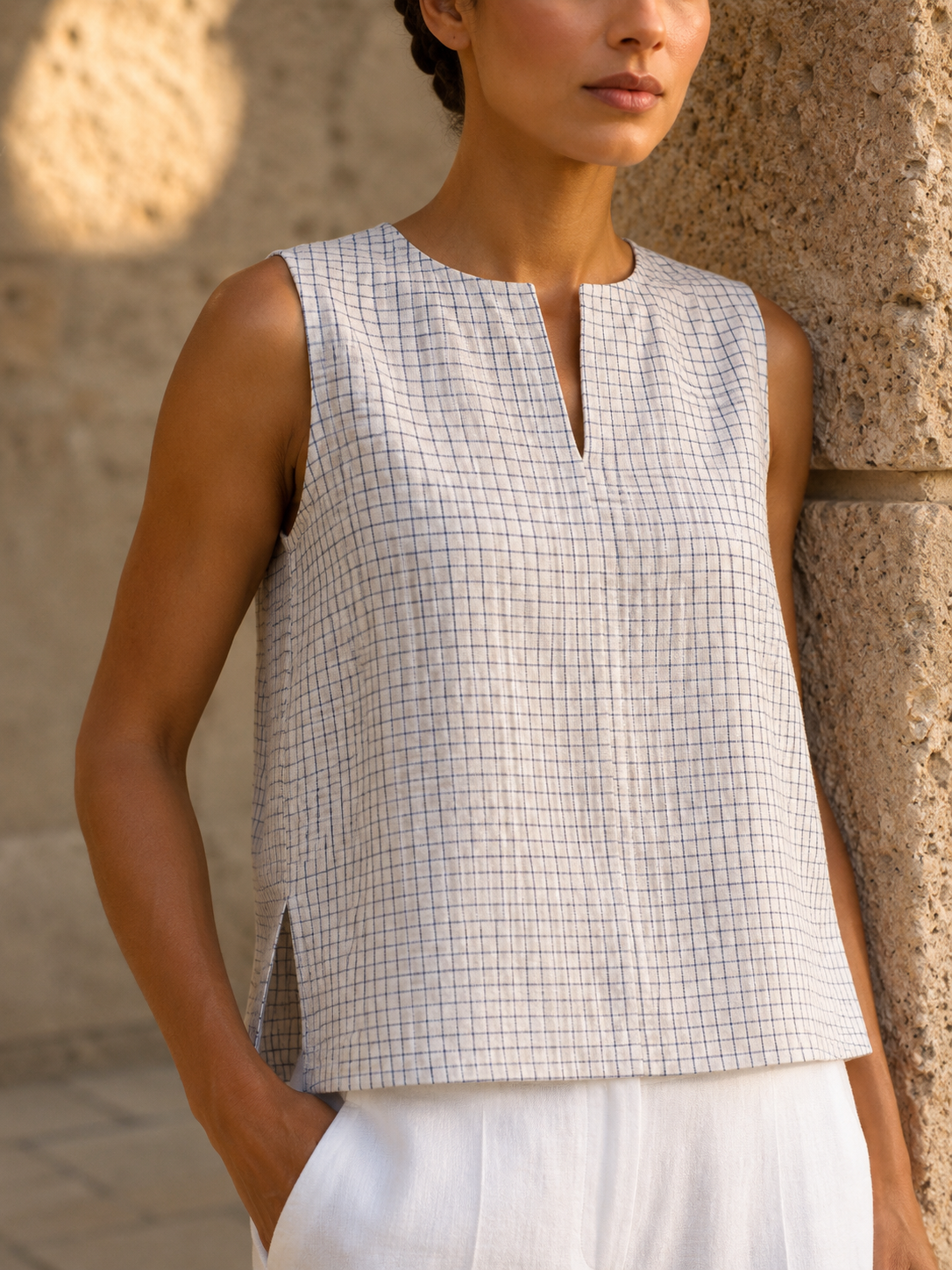 White Checks Stripes Key hole top