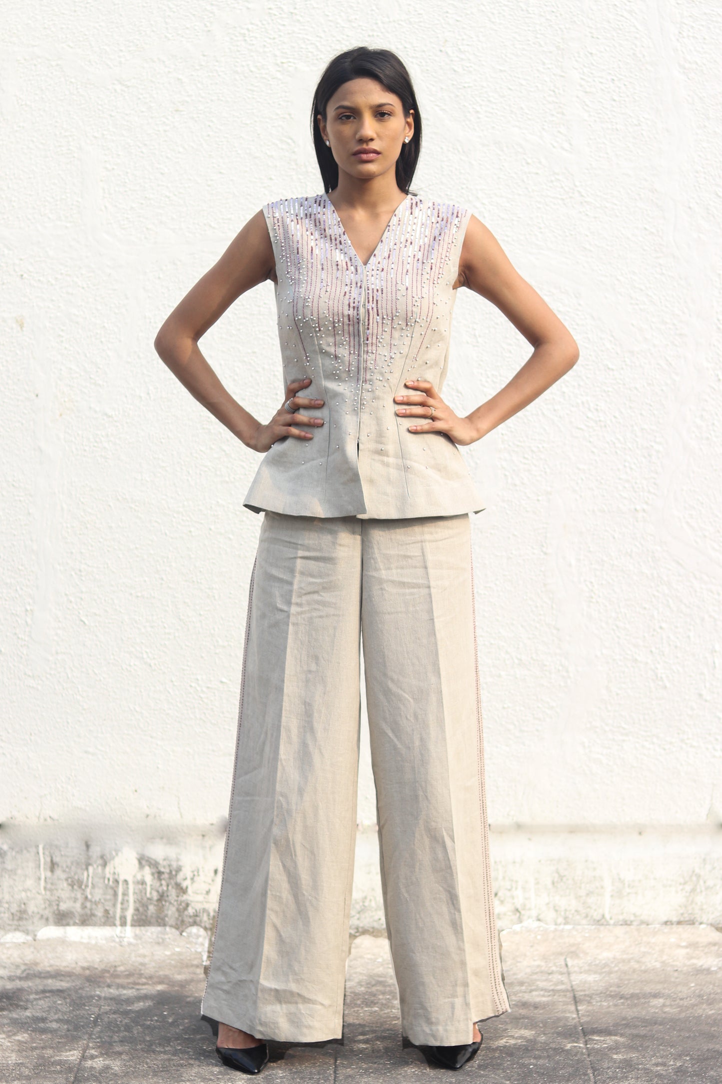 Embroidered linen vest