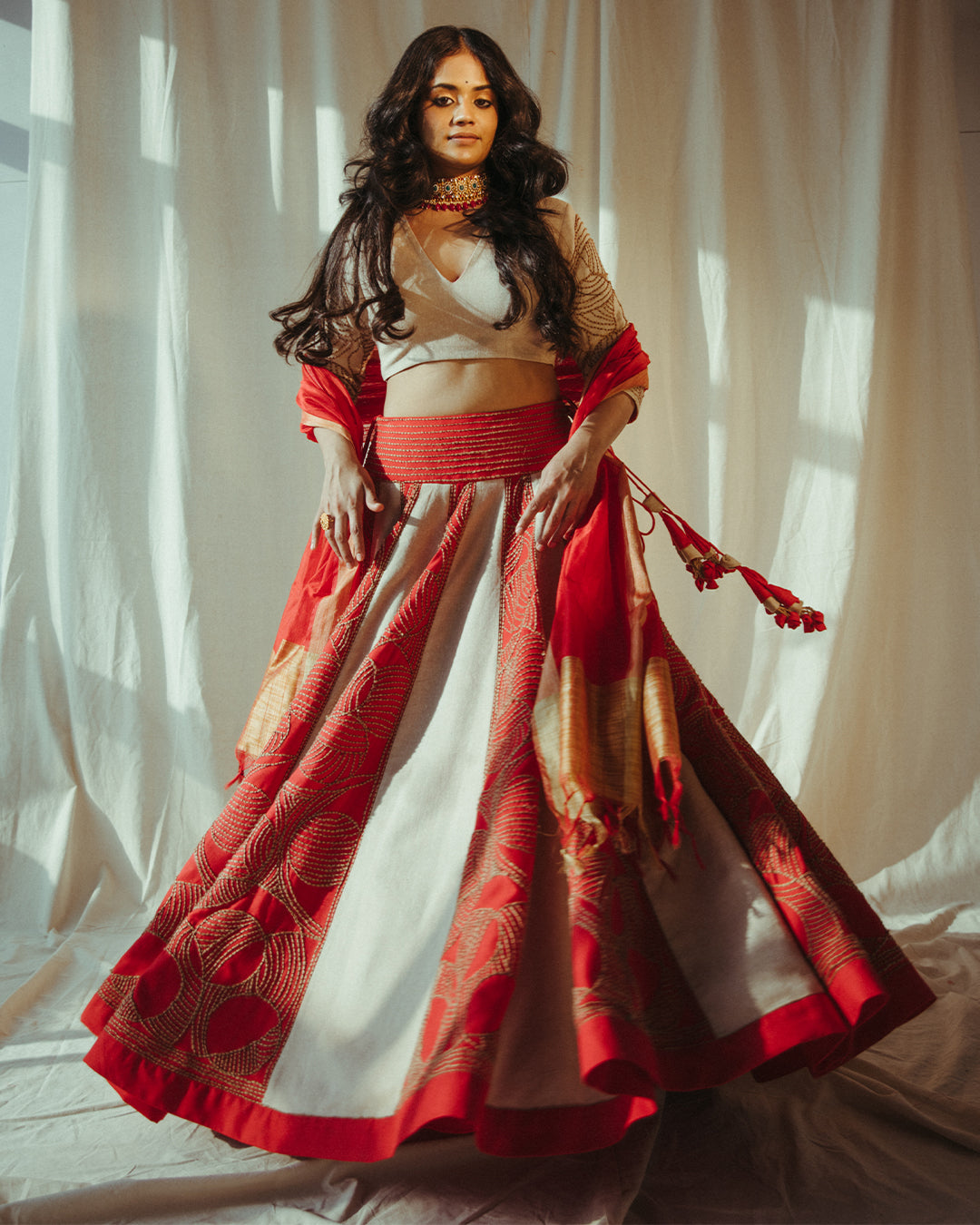 Red Lehenga with Jute Embroidery