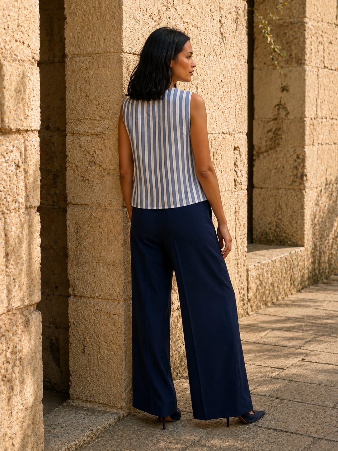 Navy Blue Stripes Key hole top