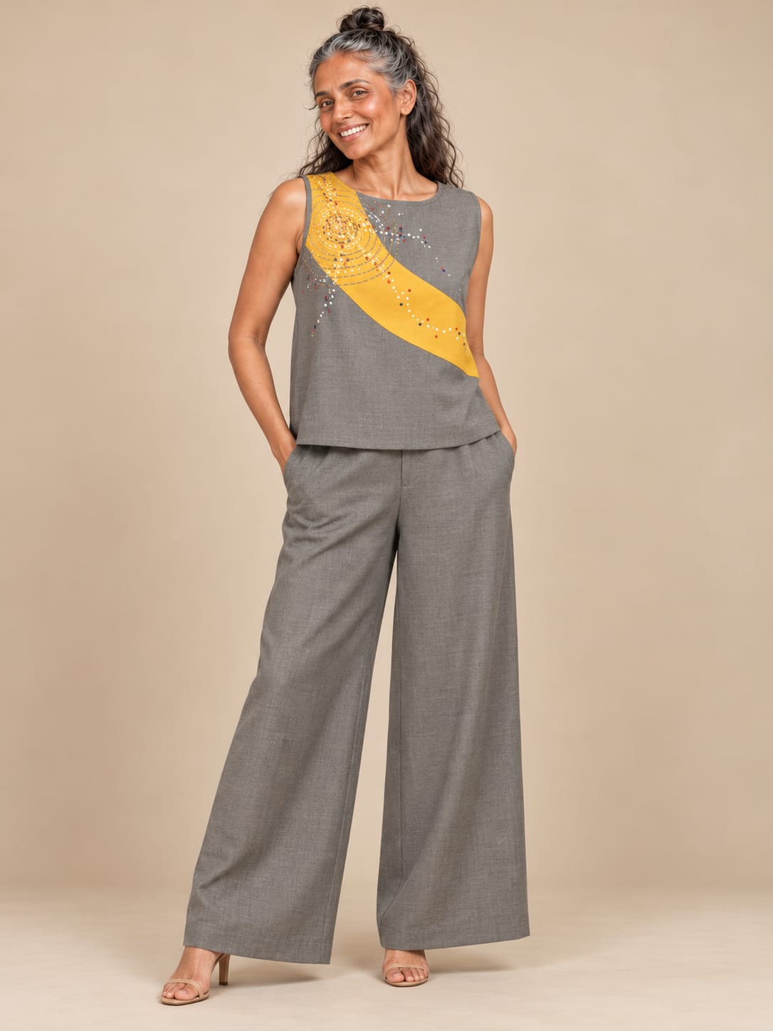 Grey & Yellow cotton sleeveless embroidery Top