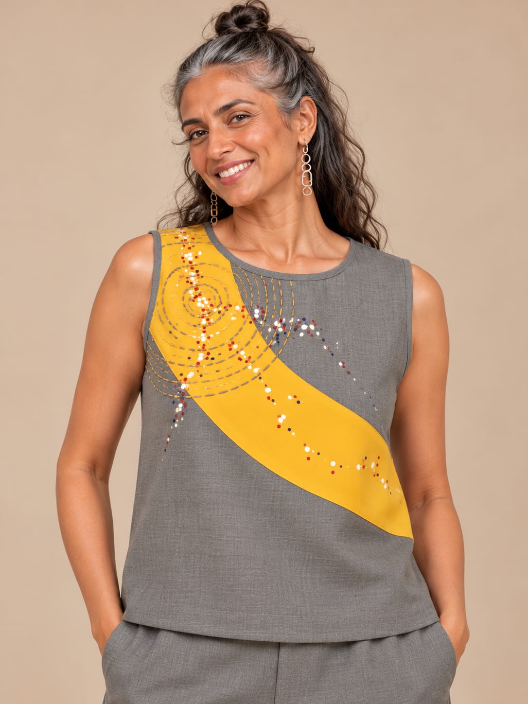 Grey & Yellow cotton sleeveless embroidery Top