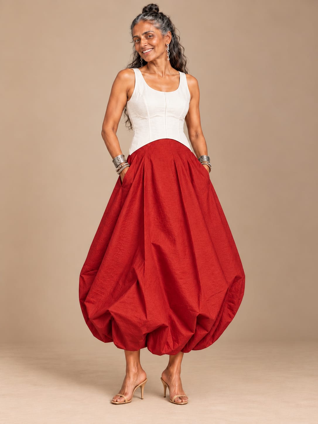 Red silk balloon skirt