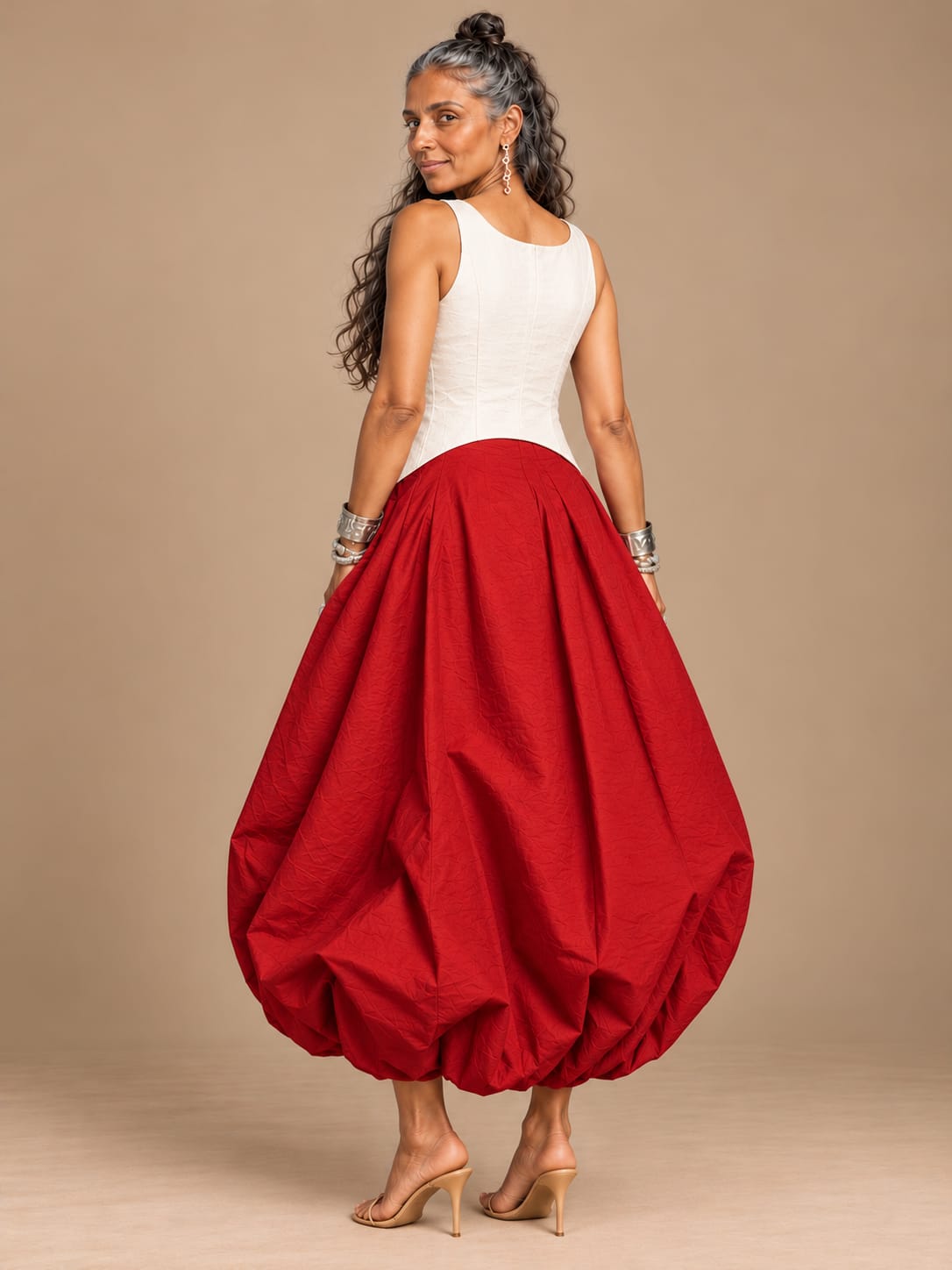 Red silk balloon skirt