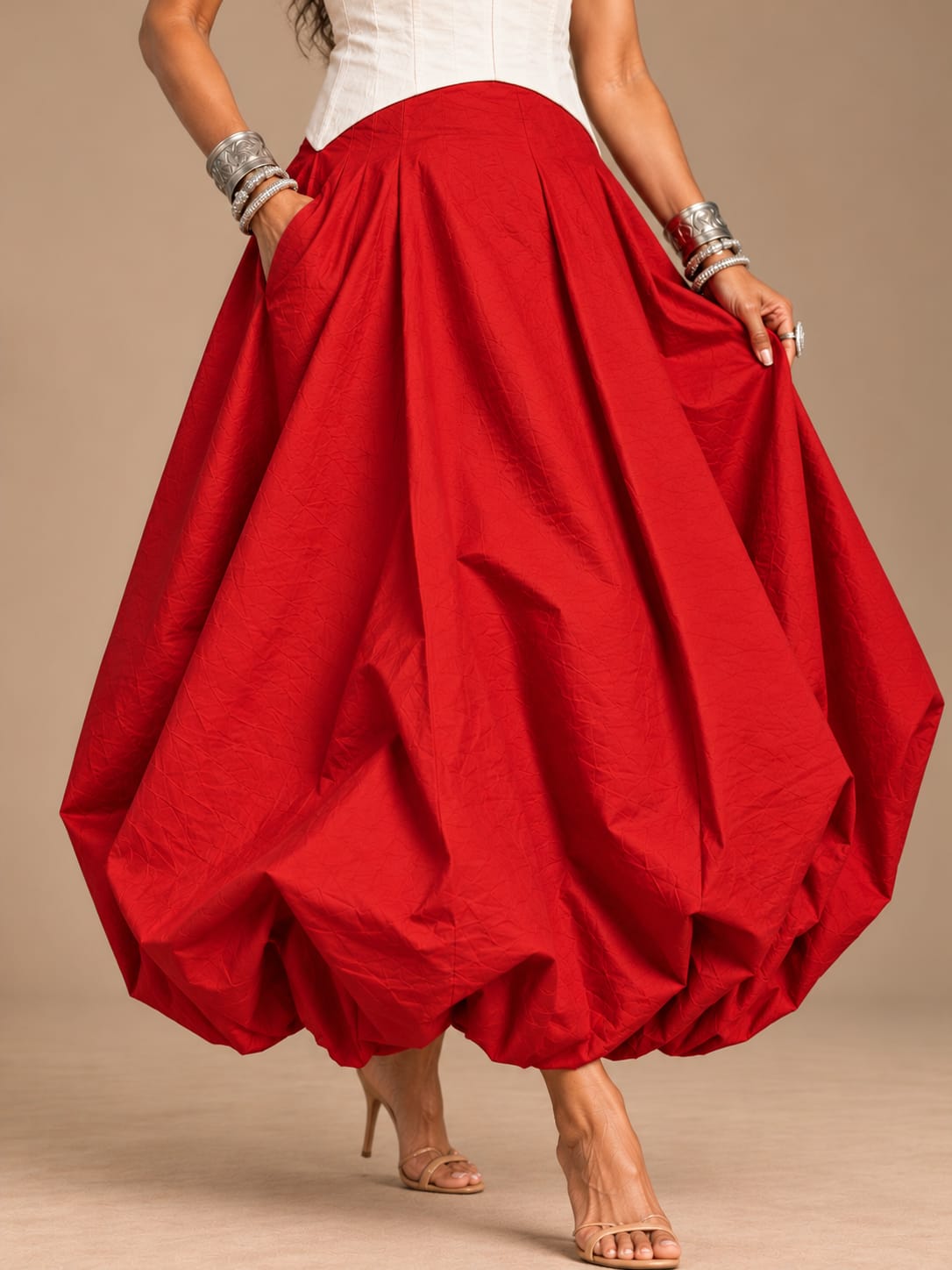 Red silk balloon skirt
