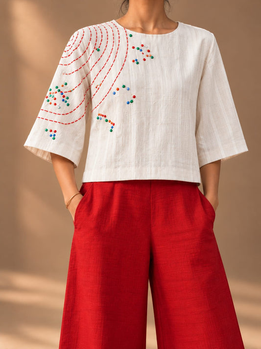 Off white stripes cotton top with boxy sleeves