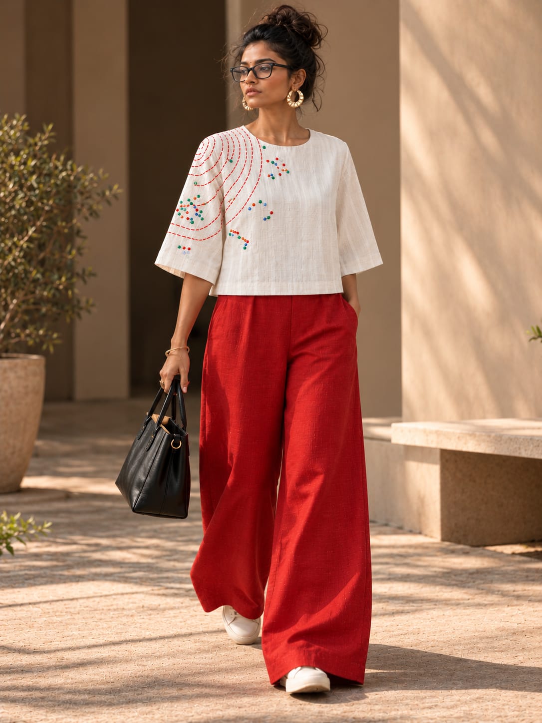 Off white stripes cotton top with boxy sleeves