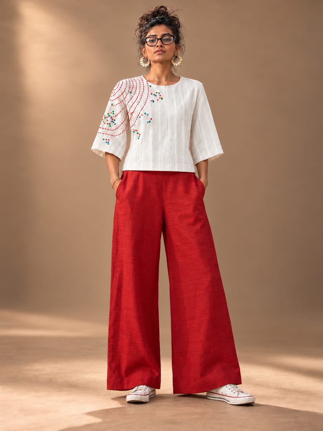 Off white stripes cotton top with boxy sleeves