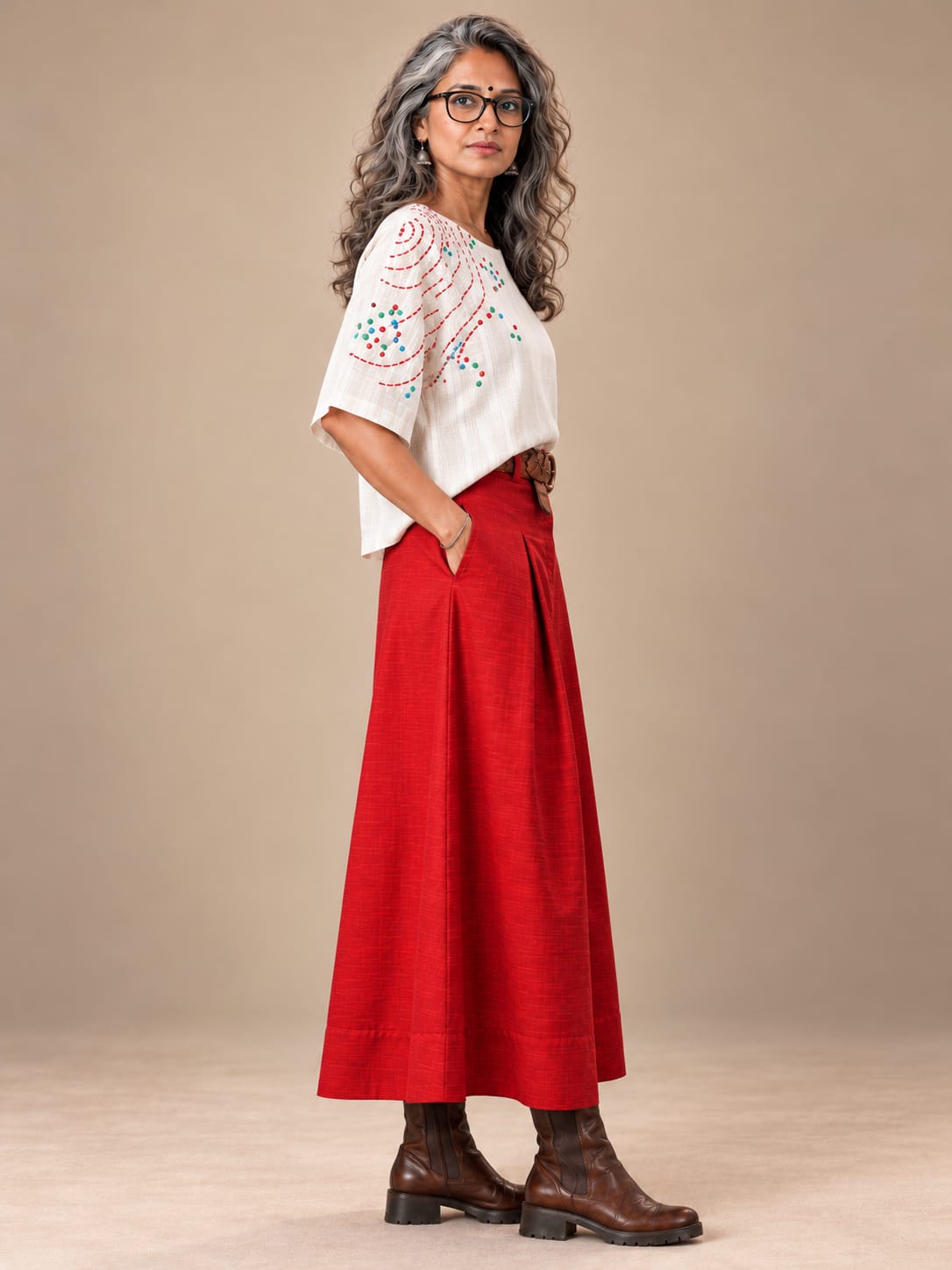 Red Silk A-line skirt