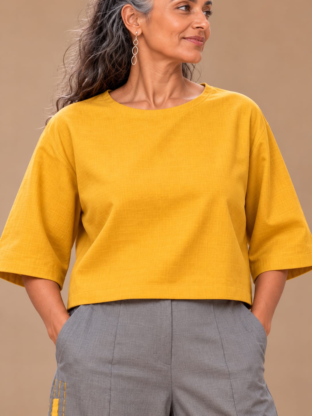 Yellow cotton embroidery top with boxy sleeves
