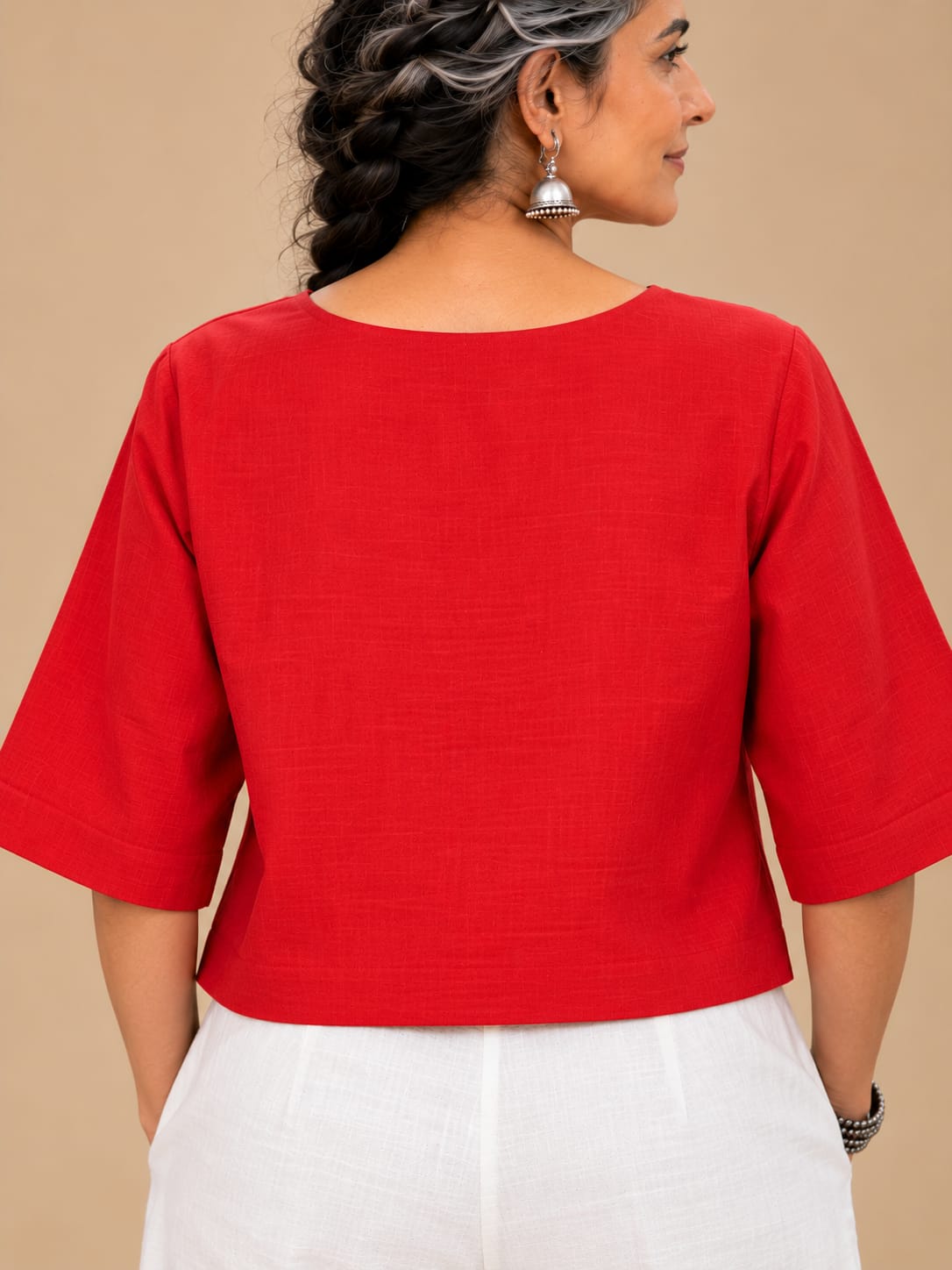 Red silk top with boxy sleeves