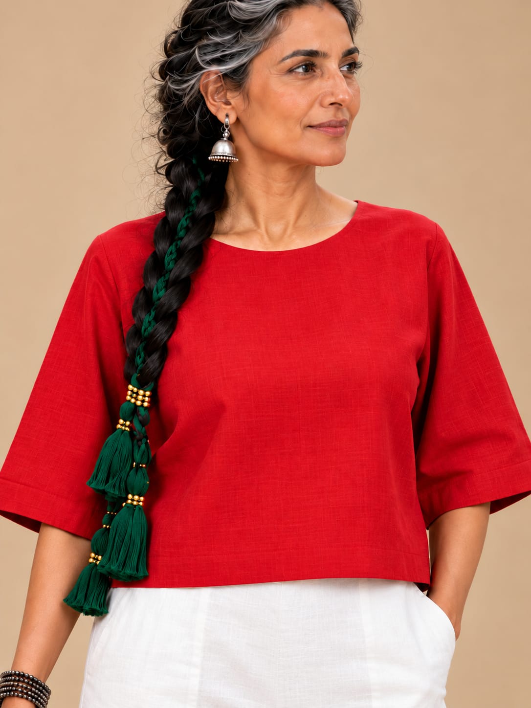 Red silk top with boxy sleeves