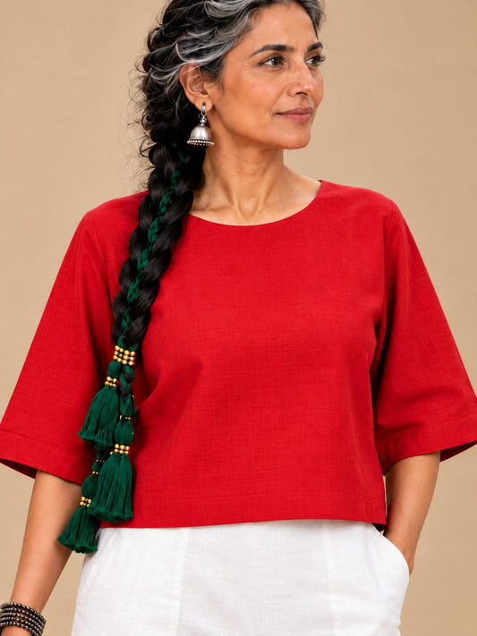 Red silk top with boxy sleeves