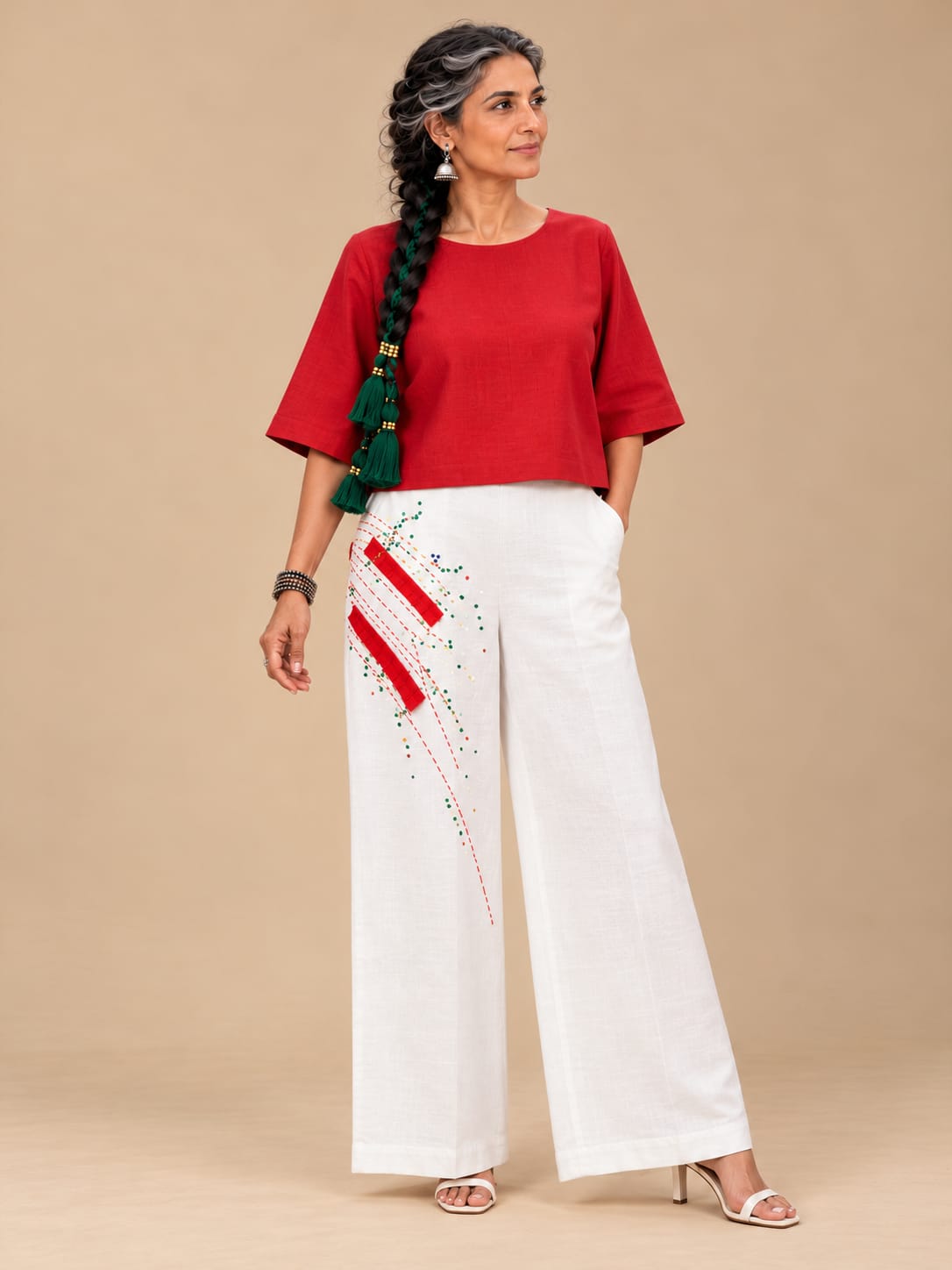 Red silk top with boxy sleeves