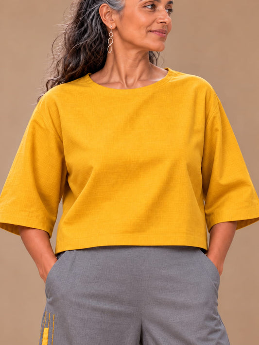 Yellow cotton embroidery top with boxy sleeves